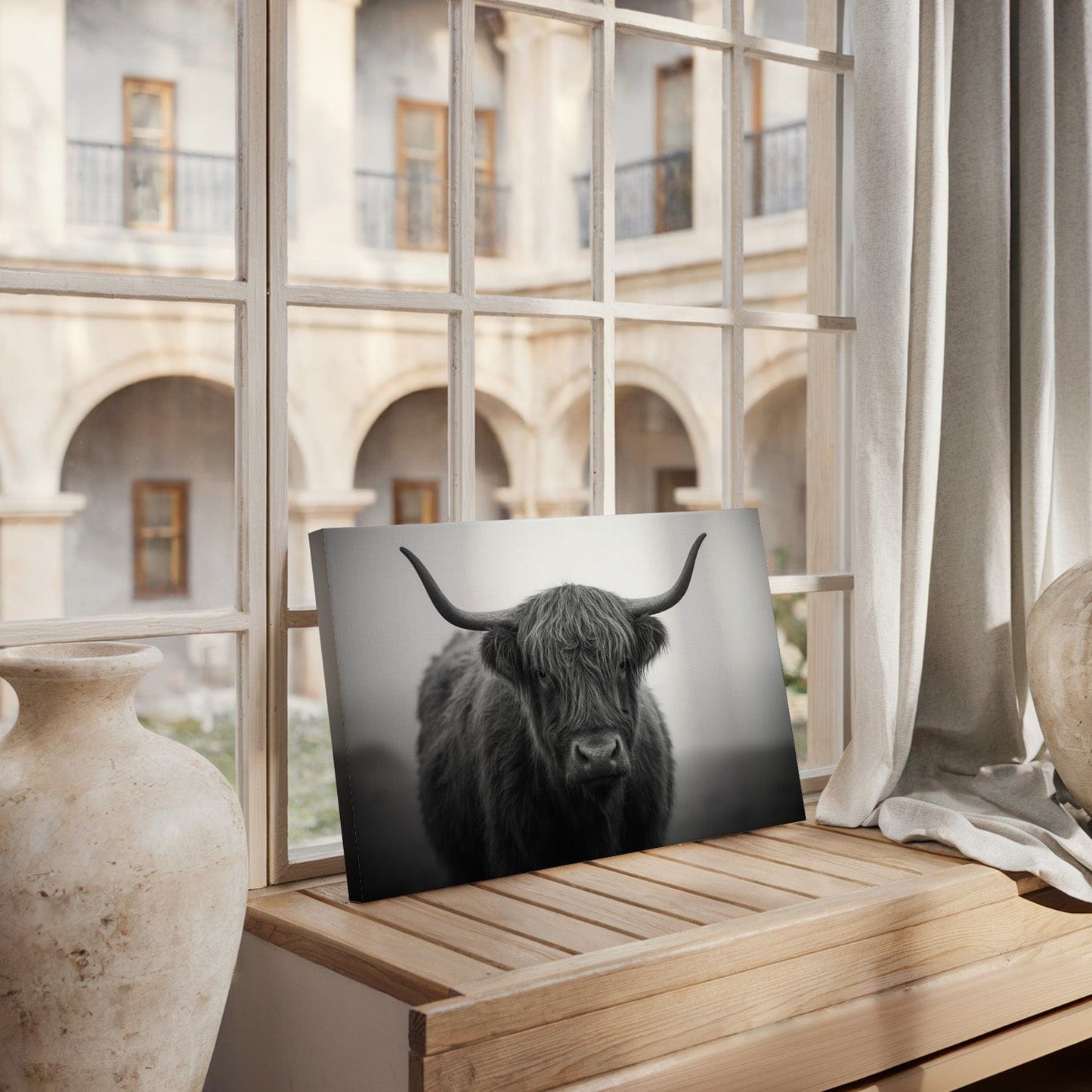 Black and White Highland Cow Mist Canvas